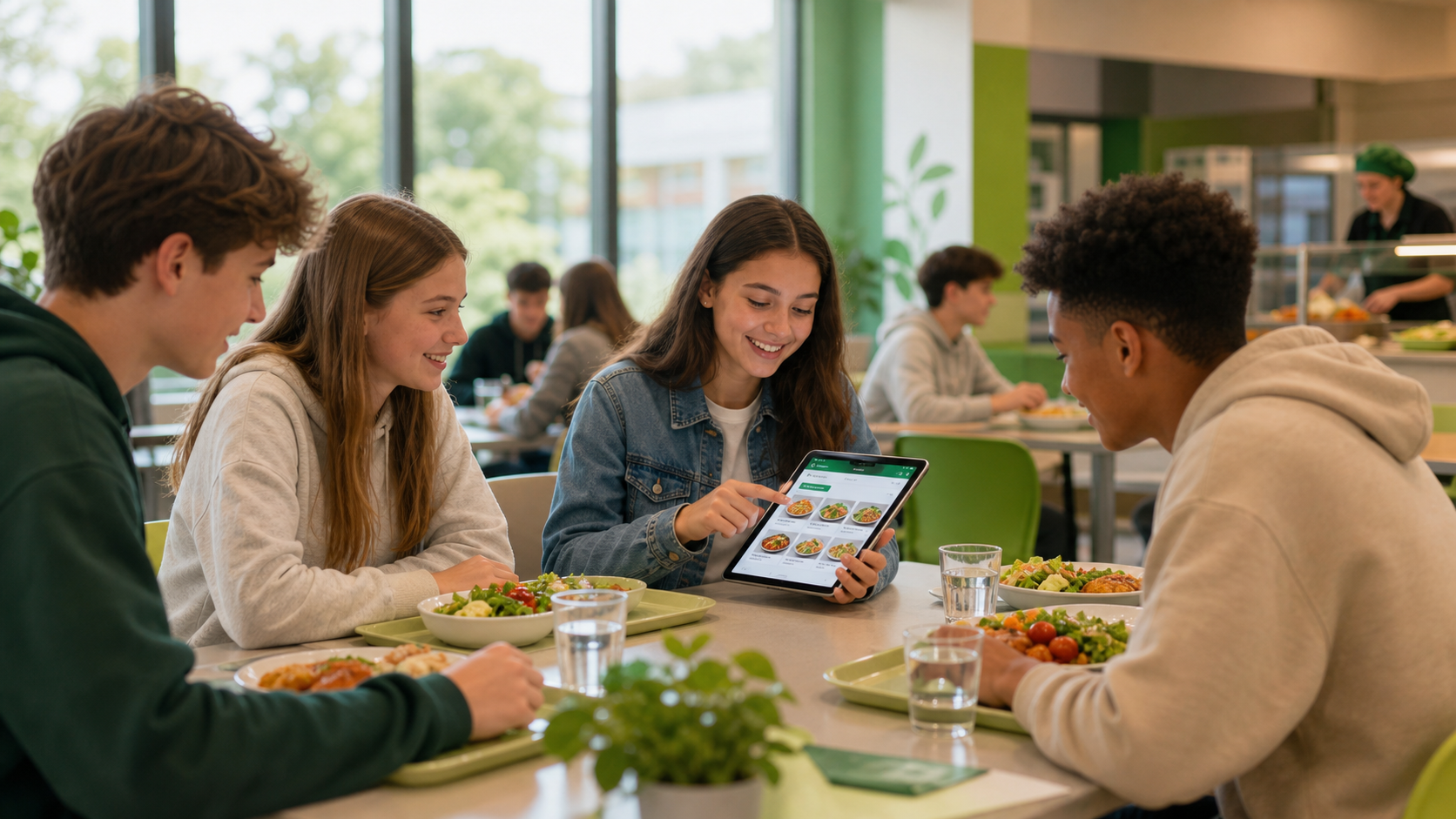 KI-generierte Illustration: Schülerinnen und Schüler bestellen Essen in einer modernen Mensa